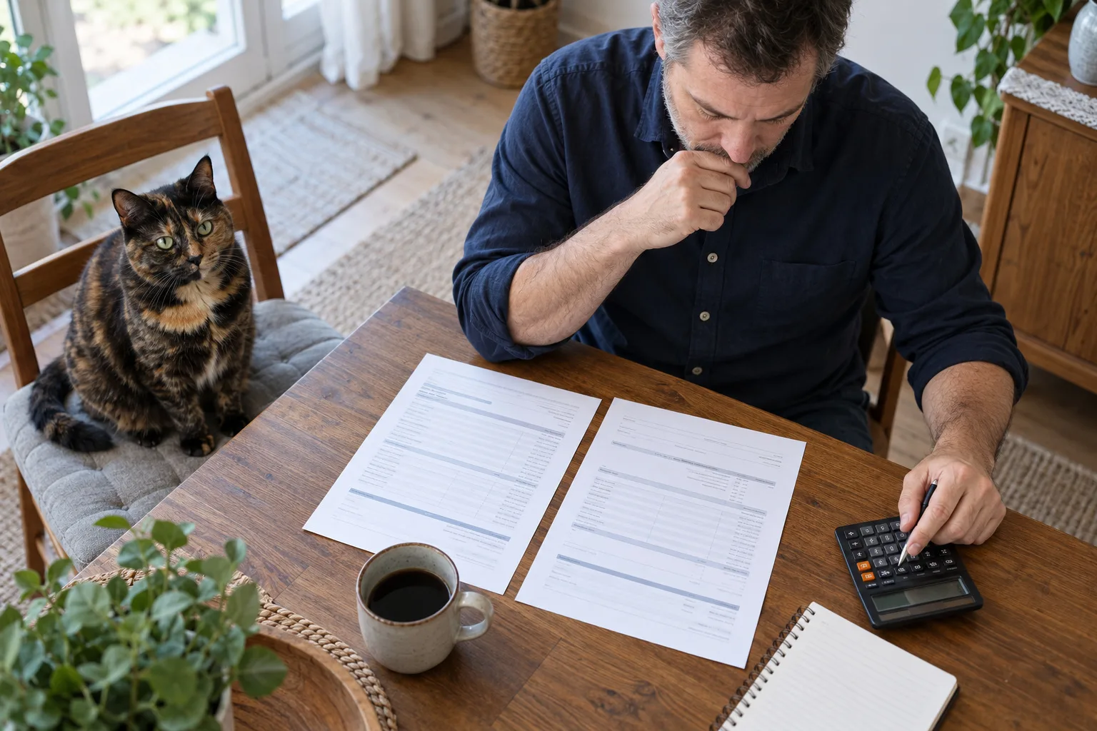 Owner comparing two veterinary invoice sheets with a cat beside the table