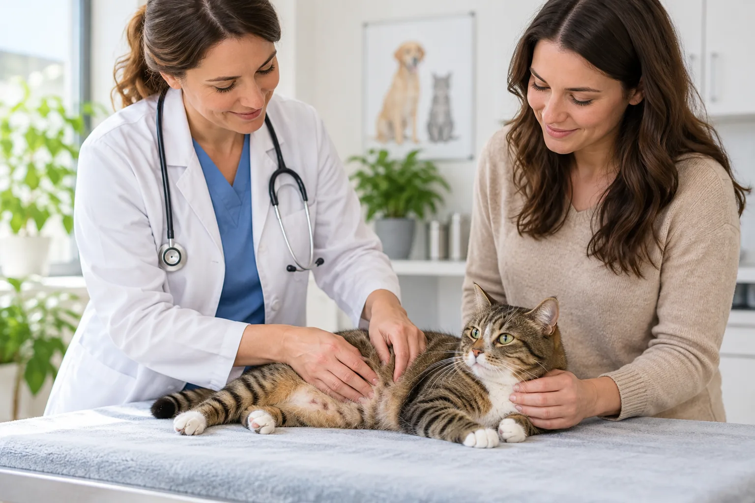 Veterinarian and owner with a cat during an examination